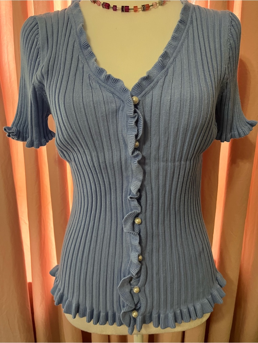 vestique Light Blue Ribbed Ruffle-Trim Button Front Top